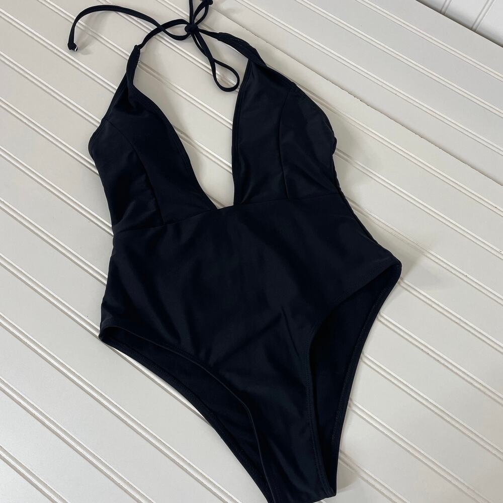 Zaful‎ Black Plunged Neck Halter High Cut One Piece Swimsuit Size 4